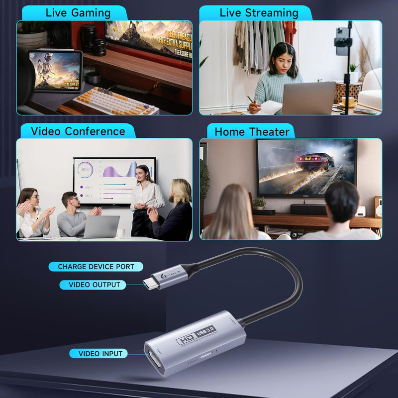 Guermok 4K USB3.0 Video Capture Card with PD 100W, 2K@30FPS or 1080P@60FPS HDMI to USB-A/C Capture Card for Streaming, Works with iPad Quest 3, MacOS, Switch2/1 PS5/4, Xbox, Camera, Silver