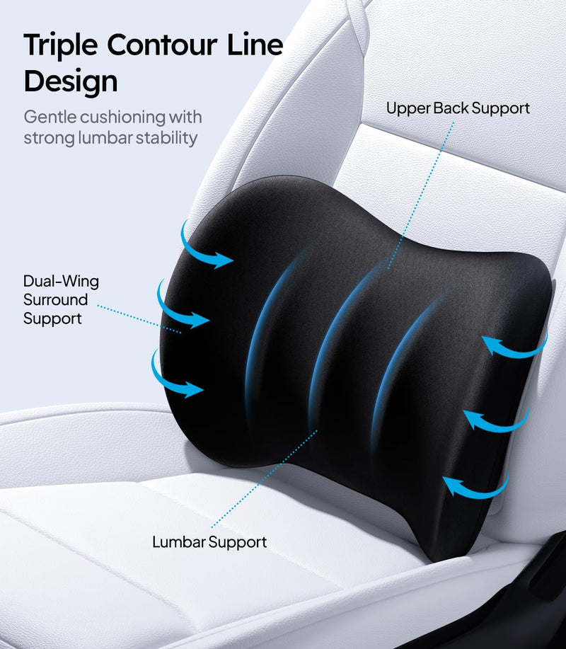 Wigoo 2026 Lumbar Support Pillow for Car [Ergonomic Design, Pressure Relief] Back Cushion for Driving Seat, Back Support Pillow for Car-Office Chair, Fits All Vehicles (Black 1-Pack) Black