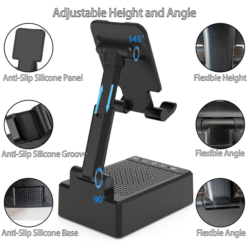 Cell Phone Stand with Wireless Bluetooth Speaker, Adjustable Angle,Foldable Stand HD Surround Sound for Home, Compatible with All iPhone/Android Phones, Cool Gadget Gift for Men Women Dad Mom Black