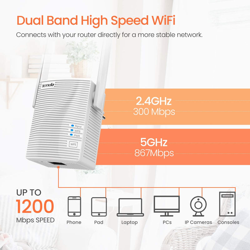 Tenda AC1200 WiFi Range Extender, WiFi Repeater Wireless Signal Booster, WiFi Extender Signal Booster Covers Up to 1300 Sq.ft and 20 Devices, Dual-Band and Double-Antennas WiFi Repeater(A18) AC1200(A18)