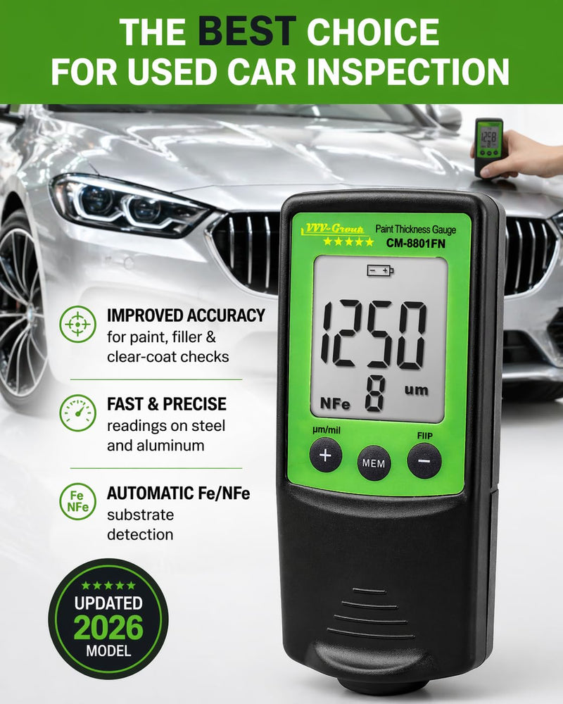 Paint Thickness Gauge CM-8801FN for Cars – Digital Coating Thickness Meter, Auto Fe/NFe Detection, 1 μm Resolution, 0–1250 μm (0–49 mils), ±(3%+2 μm) Accuracy, Automotive Inspection Tool