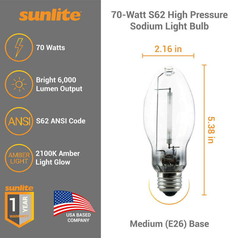 Sunlite 03610 LU70/MED High Pressure Sodium Light Bulb, 70 Watts, ED17/MED, Medium Base (E26), ANSI Code S62, 6000 Lumen, 24000 Life Hours, Clear, 2100K