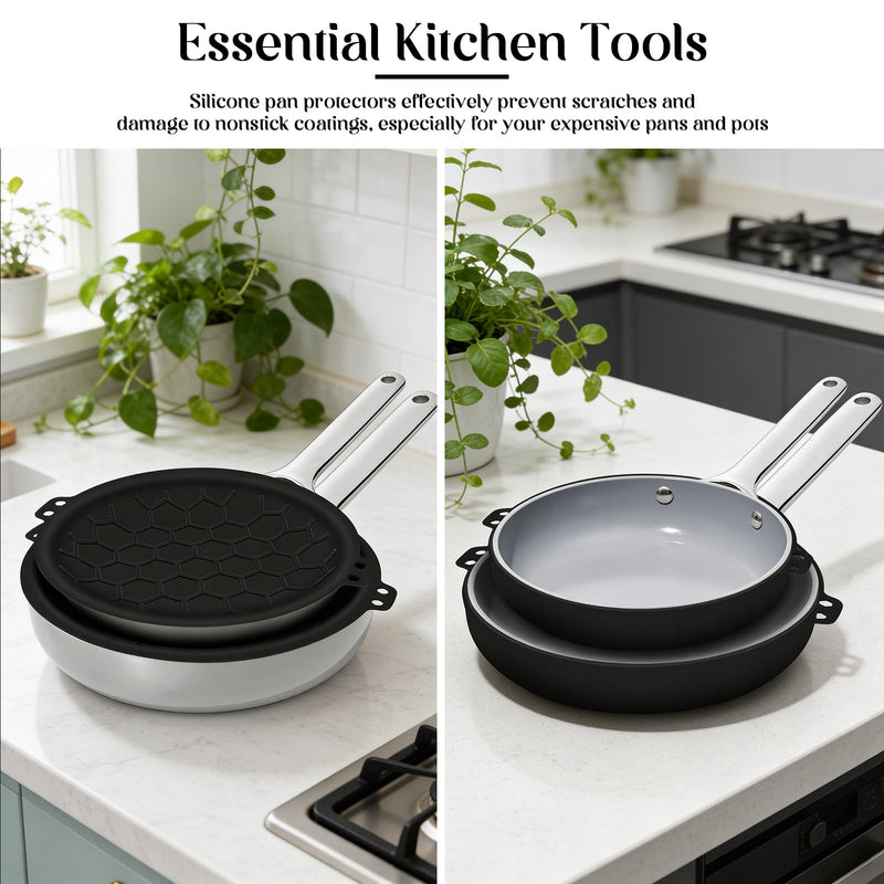 3 Piece Set Silicone Pan Protectors (Includes 8",10",12"), Pan Separators for Stacking Compatible with Hexclad, Tfal, All-Clad Nonstick Frying Pans and More, Cookware Protector, Dishwasher Safe, Black