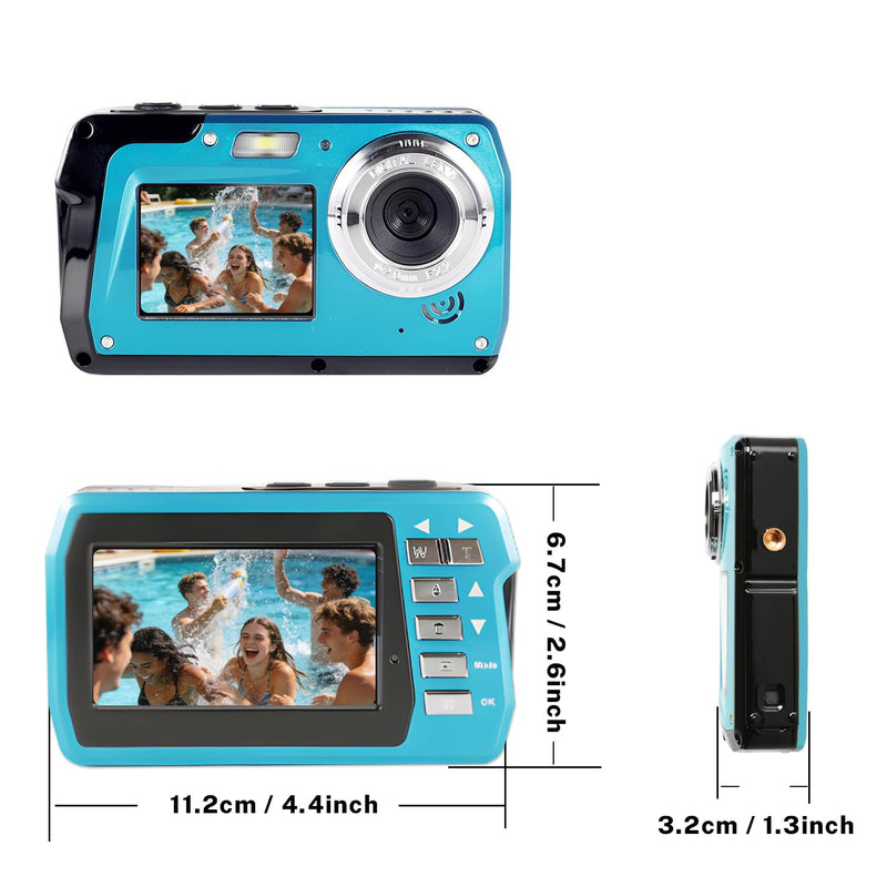 Underwater Camera 4K 48MP, Dual-Screen Waterproof Digital Camera, 10.83FT Dive for Swimming Travel, 16X Zoom Fill Light, 32GB Card, Blue