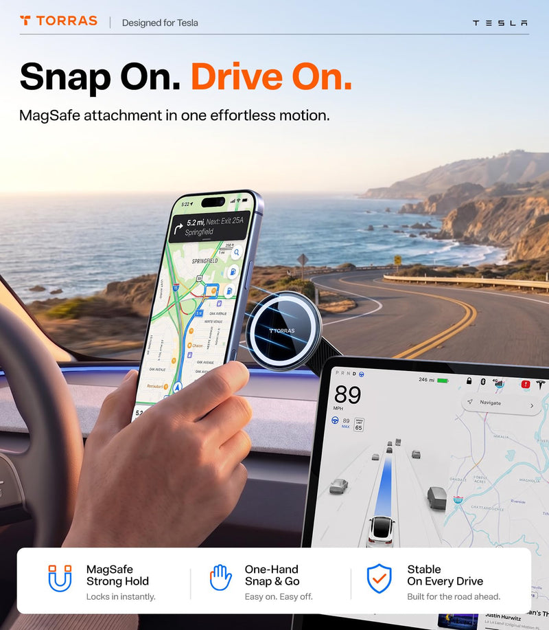 TORRAS Stow Tesla Phone Mount [Hidden & Strong Magnet] 360°Rotation Foldable Tesla Phone Holder Fit for All Phones, Tesla MagSafe Car Mount, Tesla Accessories for Model Y Model 3/S/X/Cybertruck