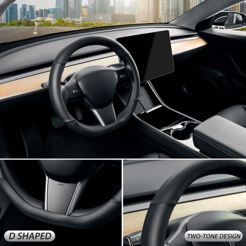 SEG Direct Flat Bottom Steering Wheel Cover, D Shaped Car Wheel Cover 14-14 1/4 in. (35.5-36 cm), for Tesla Model 3 / Y, for Camaro, Black Microfiber Leather Small size[14''-14 1/4'']