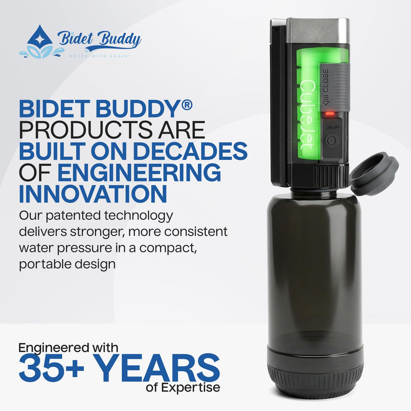 BIDET BUDDY® CubeJet Portable Bidet for Travel - 380ml Bottle, 1100mAh Rechargeable Battery, IPX6 Waterproof Wand-Style Nozzle, USB-C High-Pressure Hygiene Device for Camping & Home Obsidian Drift