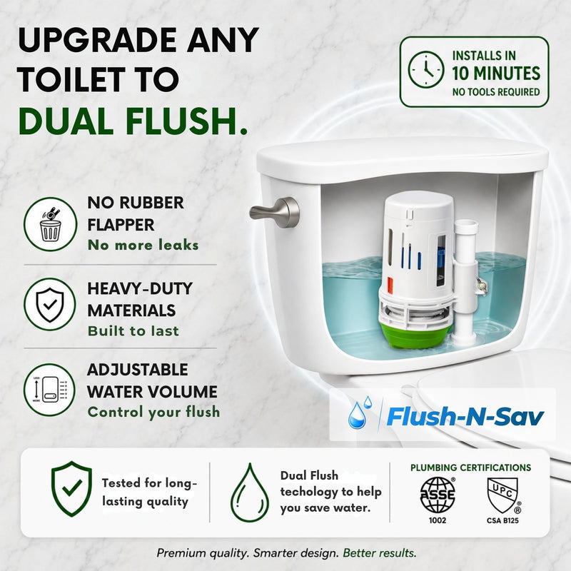 FLUSH -N-SAV 2 - Inch Dual Flush Quick Connect Valve Conversion Kit W/Handle & Overflow Water Conserver, Eliminates The Use Of Leaky Flapper & Chain, Includes 2 Flushing Options. Standard Handle