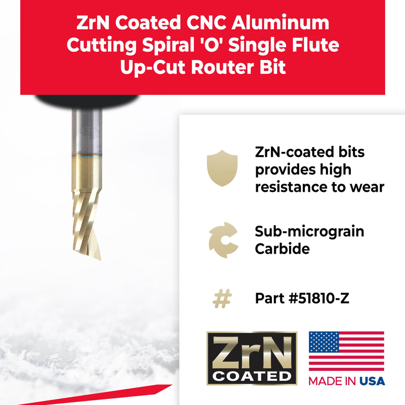 Amana Tool CNC Solid Carbide Spiral O Flute Up-Cut, Aluminum Cutting Router Bit, ZrN Coated, 51810-Z, 1/4 D x 1/2 CH x 1/4 SHK x 2 Inch Long 1/4 inch x 2 inches