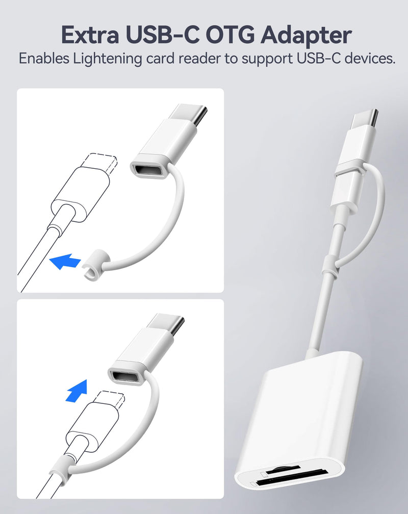 SD Card Reader for iPhone iPad, Dual Lightning & USB-C Connector Memory SD Card Adapter, Support SD/MicroSD Cards, High-Speed Trail Camera Viewer, Plug and Play 2 Slots to Lightning&USB-C White