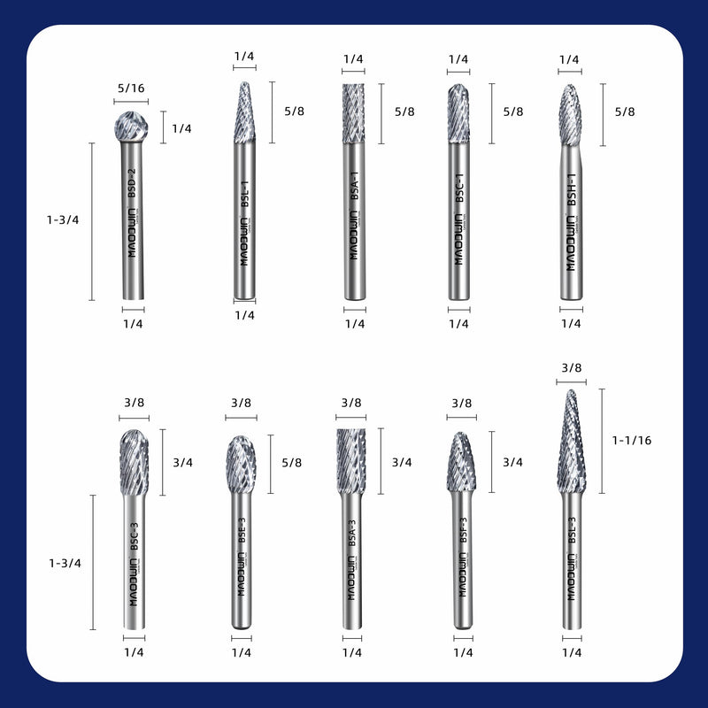 Carbide Burr Set,Tungsten Carbide Cutting Tools, Double Cut Rotary Files 1/4" Shank 10PCS Carbide Burr Bits High-Speed Spiral Fils for Metal, Plastic, Woodworking 10PC - 1/4" Shank