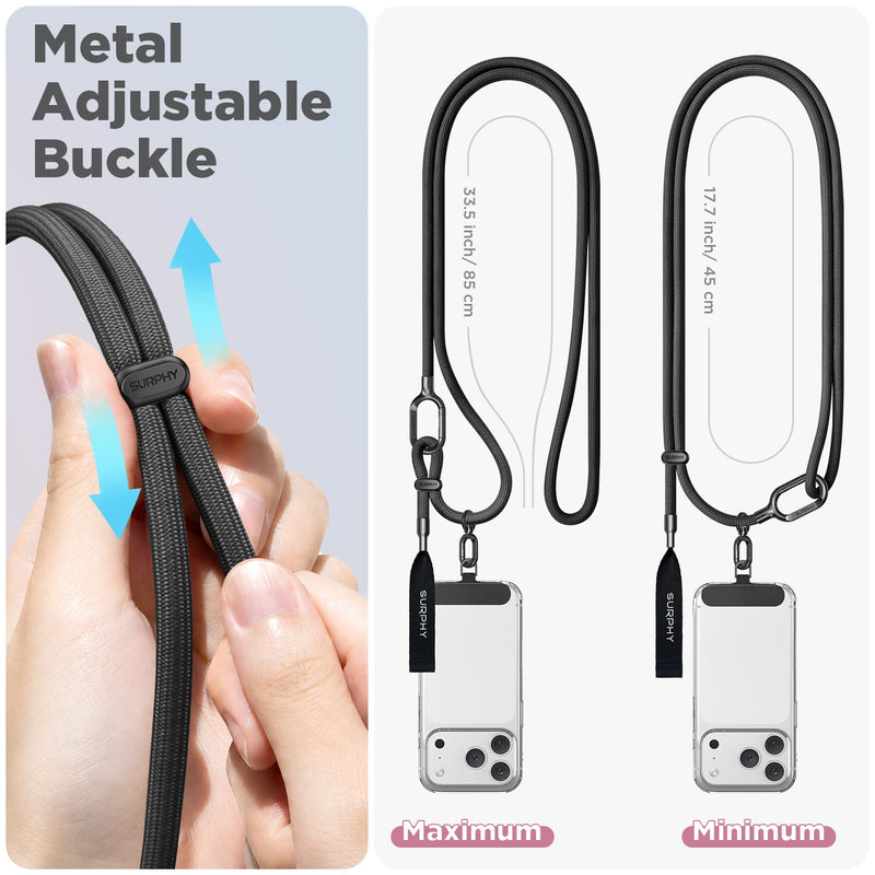 SURPHY Phone Lanyard Crossbody, Phone Strap Crossbody with 2 Tether Tabs | Easy Adjustable Cell Phone Lanyard, 7 mm Phone Strap, Premium Metal Buckles, Universal Lanyard for Women and Men Black