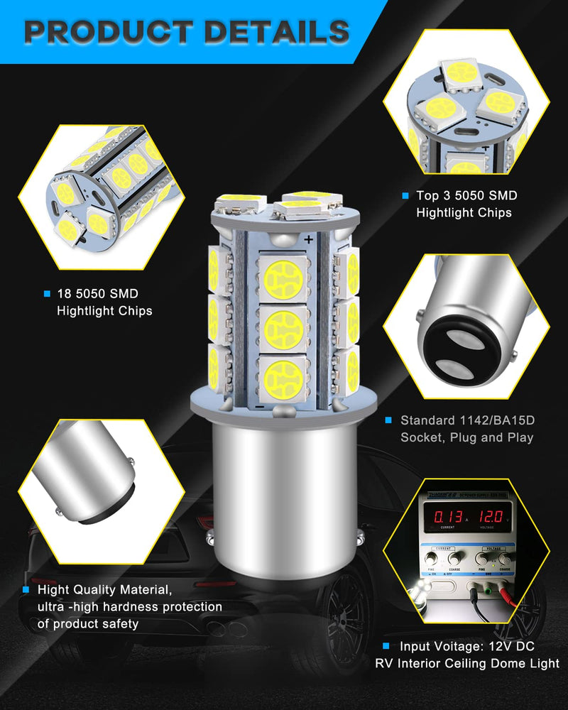 Qoope 6-Pack 1076 LED Bulb for RV, 1142 1004 BA15D White Light Bulb Replacement for 12V Camper Trailer Motorhome Boat Interior Light, 5050 18SMD Double Contact Bayonet,#90 Yard Landscape Bulb 6Pack