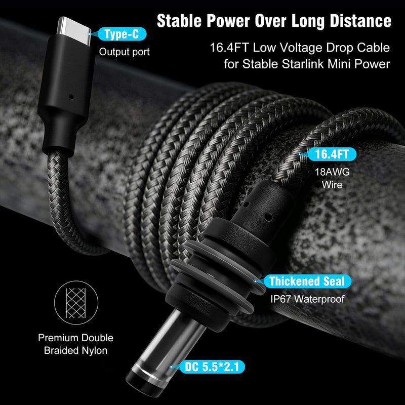 Starlink Mini Car Adapter, 3-in-1 DC Power Cable with 12V to 24V Cigarette Lighter Adapter, 100W Car Power Supply + PD 30W + USB-A 22.5W for Trucks, RVs, Boats - 16.4FT