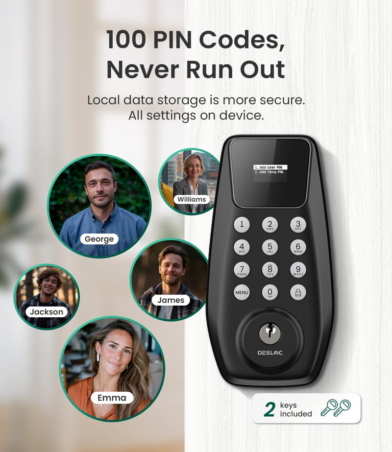 DESLOC C100 Keyless Entry Door Lock with Visual Display, 100 Customizable User Codes and 4 One-Pass Code, Door Locks for Front Door with 2 Keys,12 Months Battery, IP54, BHMA Grade 3, Auto Lock, Black Kepad