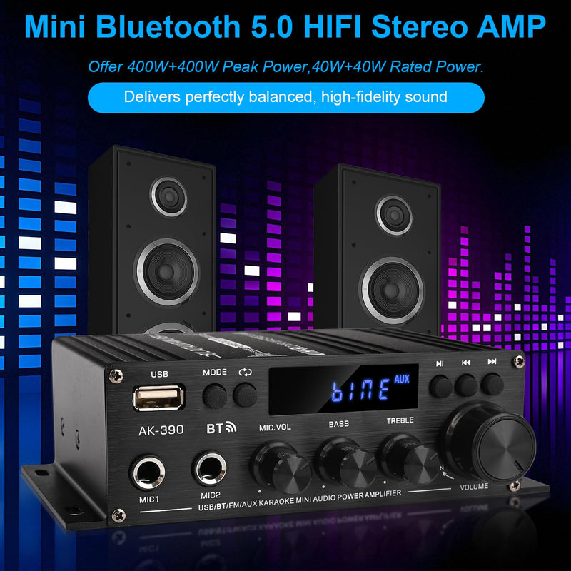 Stereo Audio Amplifier, 2.0 CH Mini HiFi Stereo AMP Bluetooth 5.0 Amp Receiver with 400W+400W, FM, AUX, USB, Microphone Input, 12V 5A Power Supply, Power Amplifier for Car Home Bar Party 400W*2