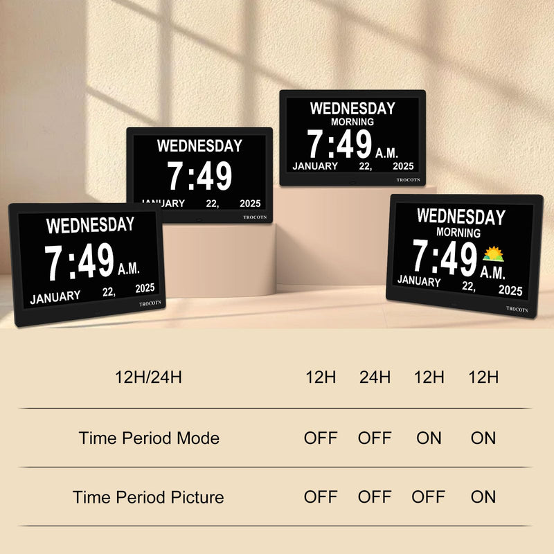 TROCOTN Dementia Clocks, Large Display Calendar Alarm Clock with Auto DST for Seniors, 5 Display Modes Large Font Digital Clock with Custom Alarms Day Date Clocks. (10 Inch Black) 10 inch