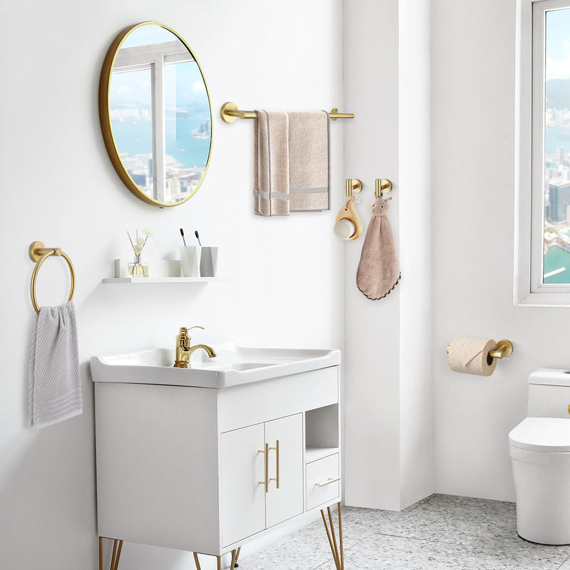 TQKAG 5 Piece Bathroom Accessories Set Brushed Gold Bathroom Hardware Set 23.6 Inch Bath Towel Bar Set SUS304 Stainless Steel Towel Rack Set 5-Pieces Set