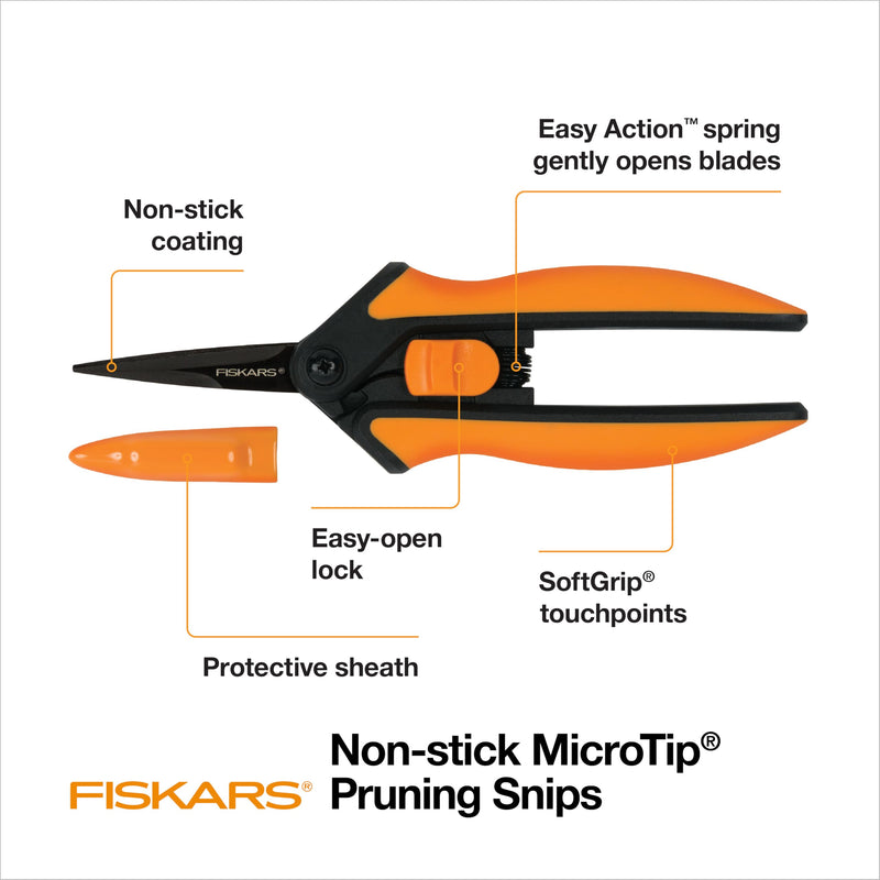 Fiskars 6" Pruning Scissors (2-Pack) for Flowers, Buds, Weeds and Small Plants, Garden Snips with Resin Resistant Nonstick Stainless Steel Blades, Gardening Trimmers with Comfortable Handle Non-Stick Snips (2-Pack)