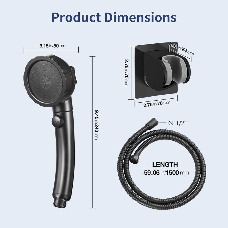 HANLIAN High Pressure Shower Head with Pause Button, 3 Spray Modes Shower Head for RV Camper, Water Saving On Off Shower, Handheld Shower Head with Hose and Adjustable Self-adhesive Holder (Black) Black