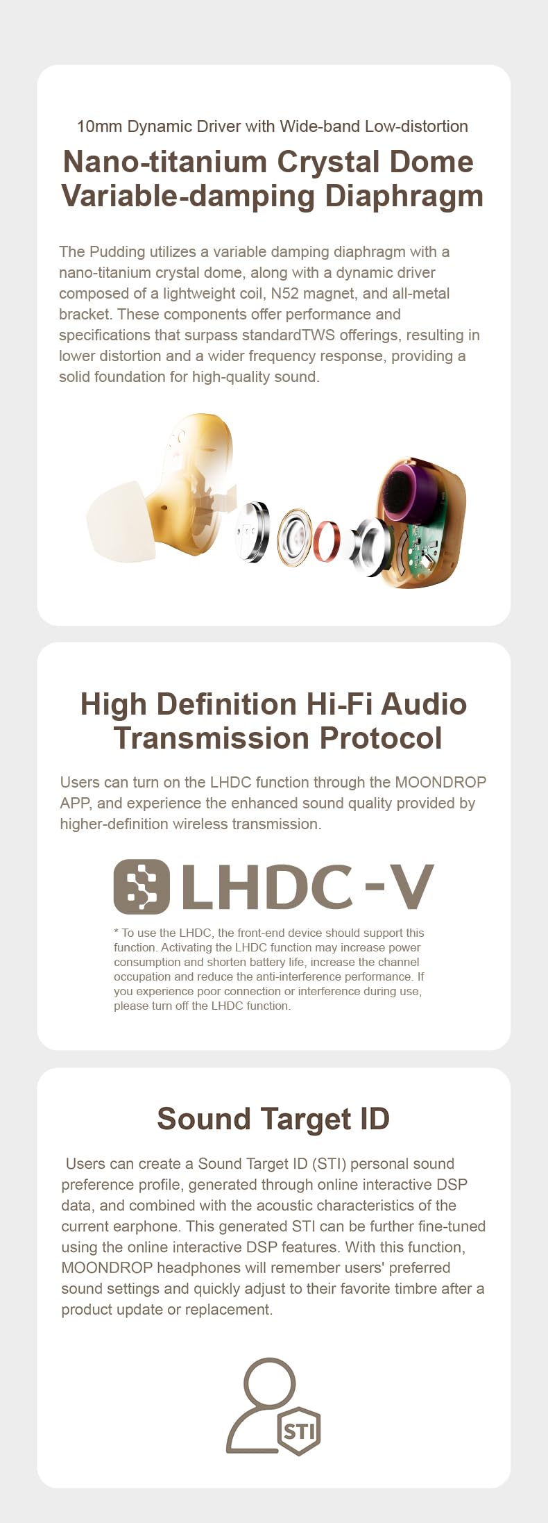 Moondrop Pudding TWS Earphone True Wireless Stereo ANC AI ENC LHDC-V 10mm Dynamic Driver Interactive DSP Bluetooth 6.0 Music Game Dual Mode (White) White