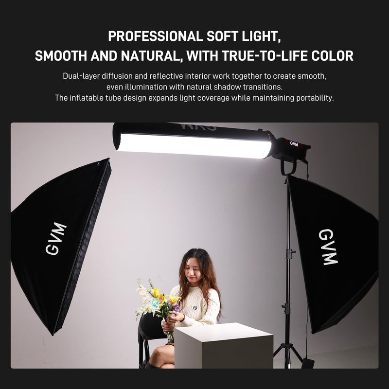 GVM 43.3" Inflatable Softbox, Foldable Air Tube Soft Box with Air Pump, Compatibility for GVM SD300C/500B/650B and Other Bowens Mount Light, Air Softbox for Studio Portraits, Video Recording 43.3in Air Tube