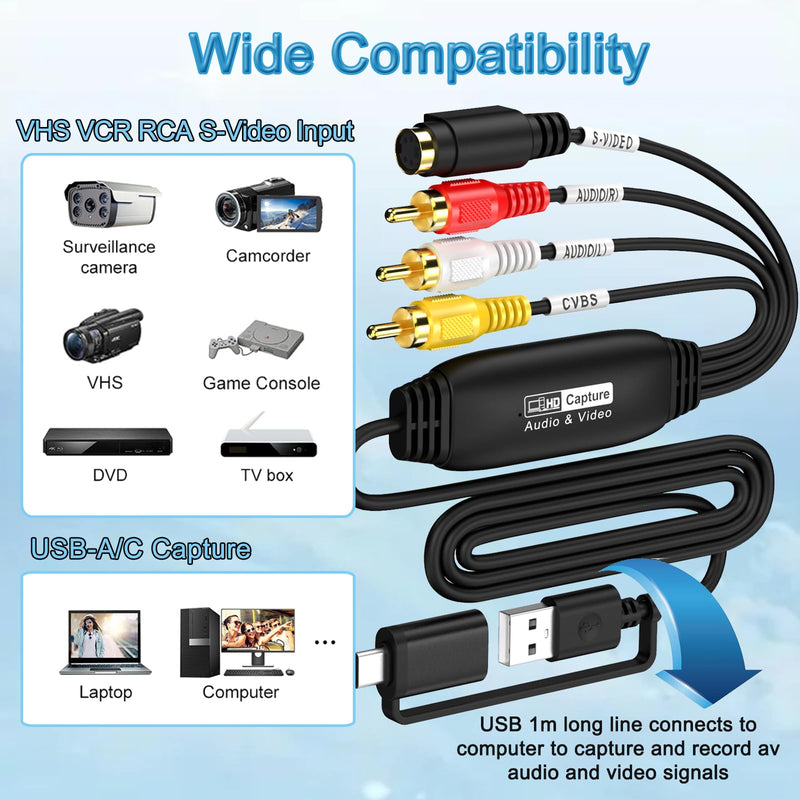 VHS VCR RCA to Digital Converter, VHS VCR to USB 2.0 Video Capture Device | AV to USB Audio Video Converter, 1080P Video Capture Card with RCA/ S-Video Input, NTSC/PAL, Works on Windows Mac OS