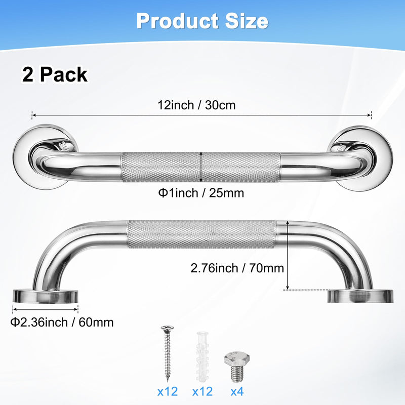 2-Pack 12 Inch Anti Slip Grab Bars for Bathtubs and Showers, Stainless Steel Safety Shower Handle for Bathroom/Toilet/Seniors/Elderly Assist Bath Handle [Chrome] Chrome