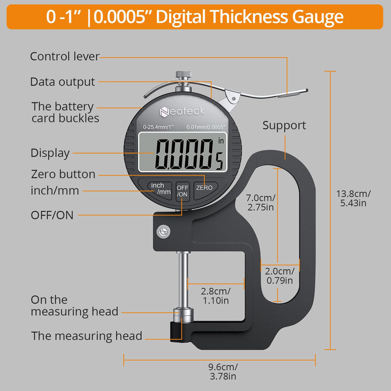 Neoteck Digital Thickness Gauge 1inch/25.4mm,0.0005inch/0.01mm LCD Display with Inch/MM Conversion One-Hand Quick Press Thickness Measuring Tool for Leather Paper Fabric Film etc.-Silver-Black 0-1"/0.0005" Silver-black