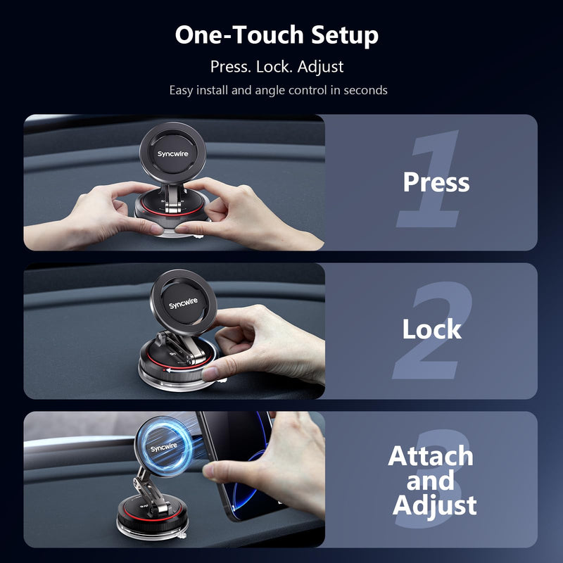 SYNCWIRE for MagSafe Car Mount [3-Axis] Nano Adhesive Gel + Strong Suction Cup Magnetic Phone Holder for Dashboard & Windshield, 360° Adjustable for iPhone 17 16 15 14 13 12, Samsung, Matte Black 3-Axis | Black