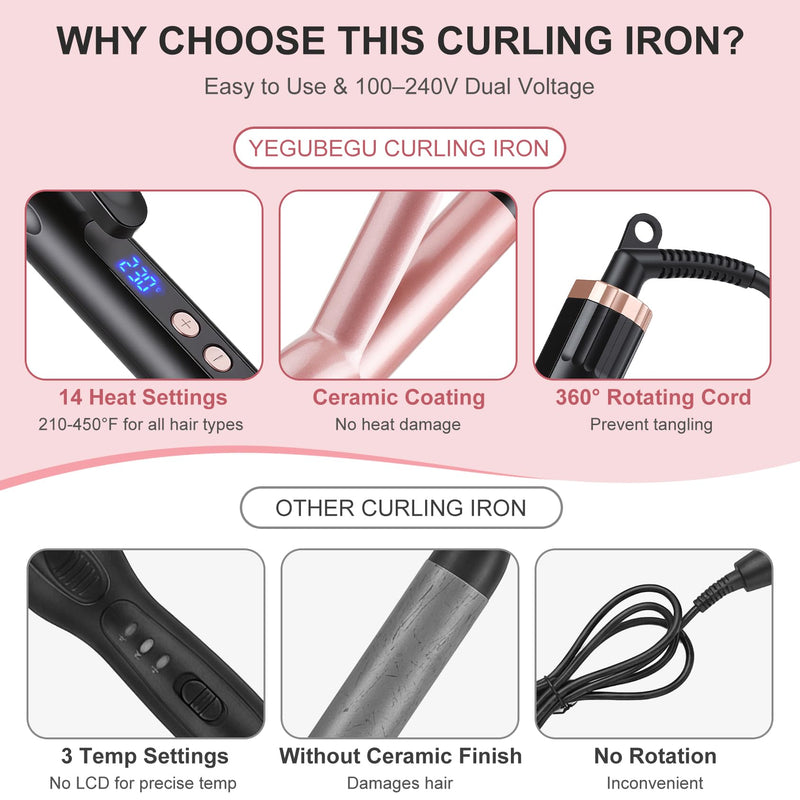 Large Barrel Curling Tongs 38mm, Ceramic Hair Curler with 14 Adjustable Temperature, Big Curling Wand Iron for Soft Waves and Long-Lasting Curls, Dual Voltage
