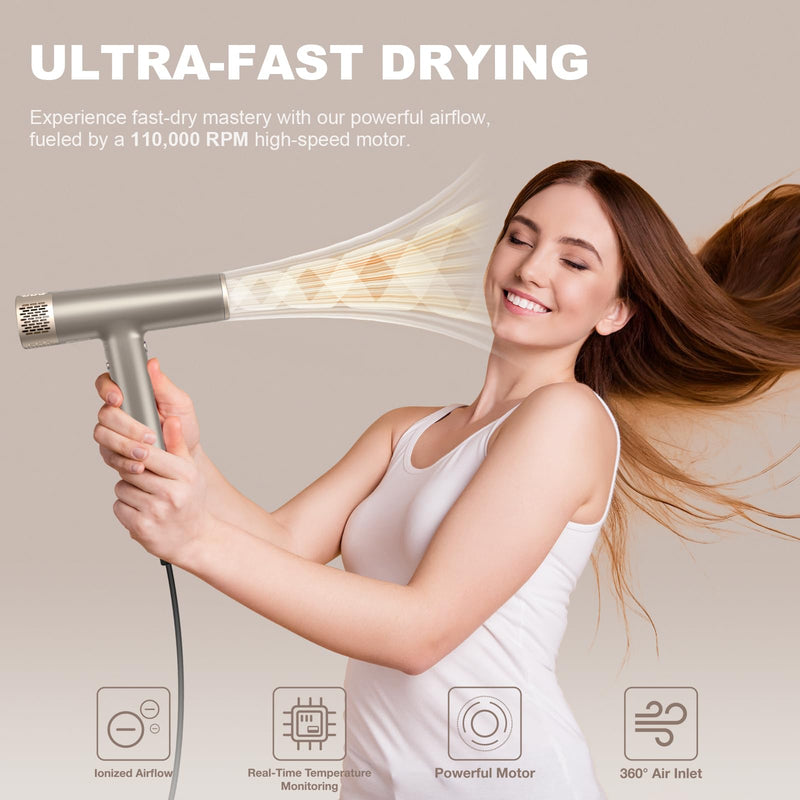 YAPOY Professional Hair Dryer with Diffuser Fast Drying 200 Million Ionic Blow Dryer with 110, 000 RPM High-Speed No Heat Damage Intelligent Thermo-Control Low Noise - Silver UK-Size