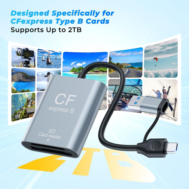2-in-1 CFexpress Type B & SD Card Reader USB3.2 Gen2 10Gbps,Aluminum USB-C + USB-A CFexpress Type B Memory Card Reader,CF Express Type B Card Reader SD Reader for PC Windows,Mac,Google,Photographers