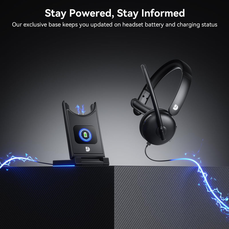 Wireless Headset with Mic for Work, Wireless Headset with Microphone (Noise Cancelling), Smart Mult-Func Dock, 65H Worktime&Fast Charge Bluetooth Headphones for Work/PC/Computer/Call Center/Teams/Zoom Black