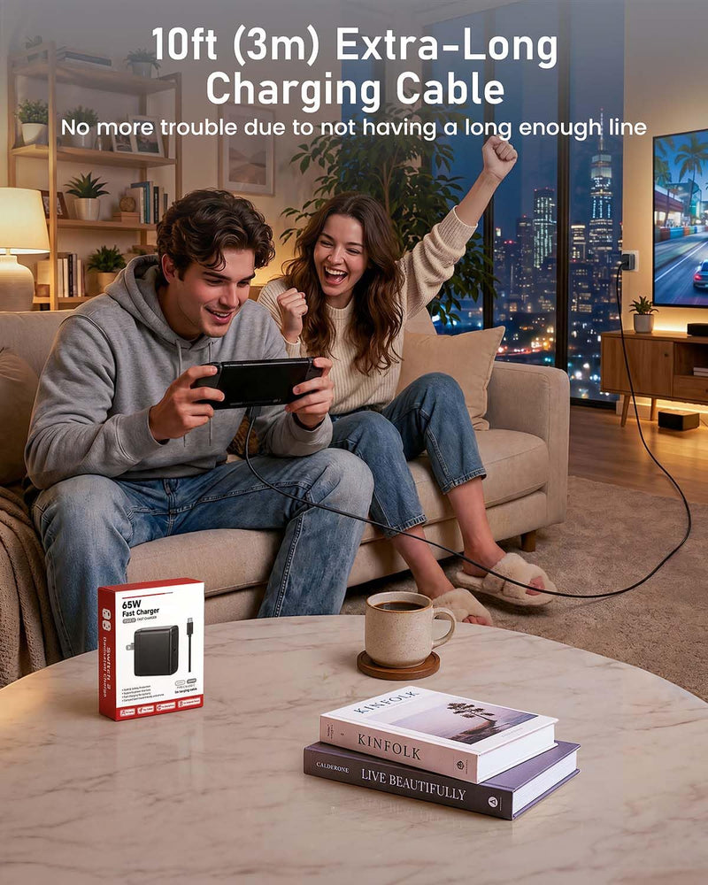 10ft Switch 2 Charger, 65W AC Power Adapter for Nintendo Switch 2/1 | Fast Charger for Console in 2.5H, Foldable Plug, Docked TV Mode, Long Charging Cable for Switch OLED/Lite, Built-In Safety