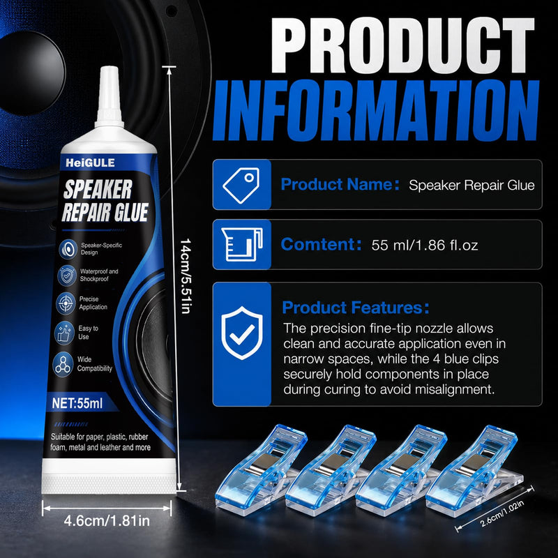 Speaker Repair Glue, Strong Speaker Glue, Waterproof and Shockproof | 1.86 Oz speaker glue, speaker repair kit with Fixing Clips, for Speaker Assembly and Repair Equipment