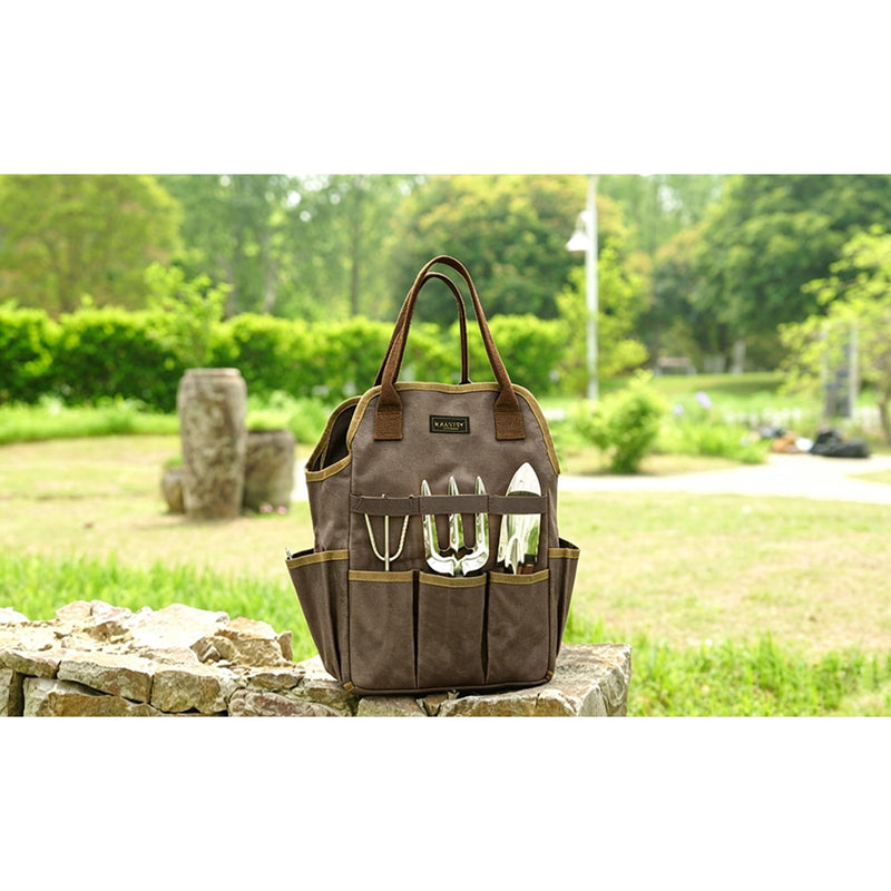 Canvas Garden Tool Bag, 16OZ Waxed Canvas Garden Tools Storage Tote - with 3 Inner Slots + 8 Outer Pockets, Multi-Functional Tool Organizer Bag for Gardener Florist Workshop, Grey, 9.5 x 6 x 15.5 In