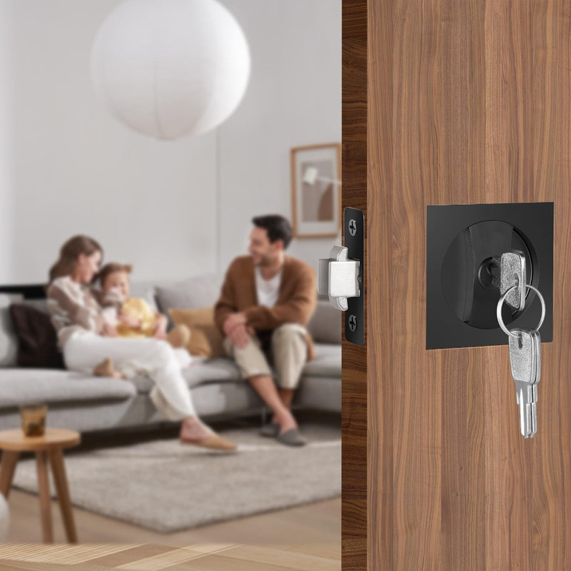 Square Door Hardware - Sliding Pocket Door Lock with Key, Flush Latch for Bed/Bath, Matte Black, 2-3/8" Backset Square Entrance
