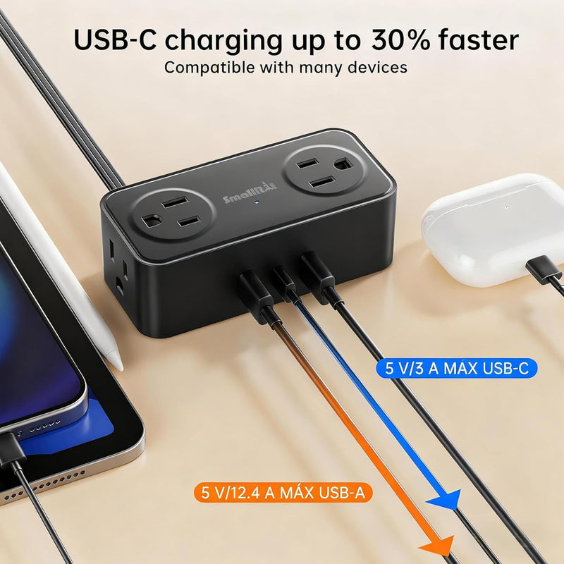 Power Strip with USB, SMALLRT 2 Pcs Flat Extension Cord with Multiple Outlets，3.3FT Flat Plug Power Bar with 4 Outlet Extender for Travel, Hotel, Dorm, Cruise Eessentials, No Surge Protection, Black 3.3 Ft-2pc