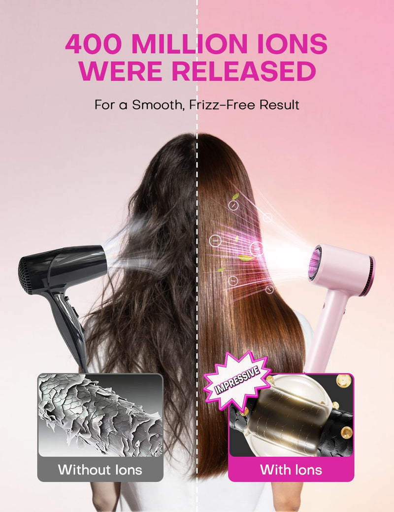 High Speed Ionic Hair Dryer: 1600W 110,000 RPM Hair Dryer with Diffuser 2 Speed & 4 Heating Setting, Compact & Lightweight Low Noise Hair Dryer for Women (Pink)