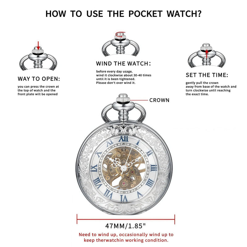 Mechanical Pocket Watch, for Men Women Special Magnifier Half Hunter Engraved Case Roman Numerals with Chain Ab. Silver Blue