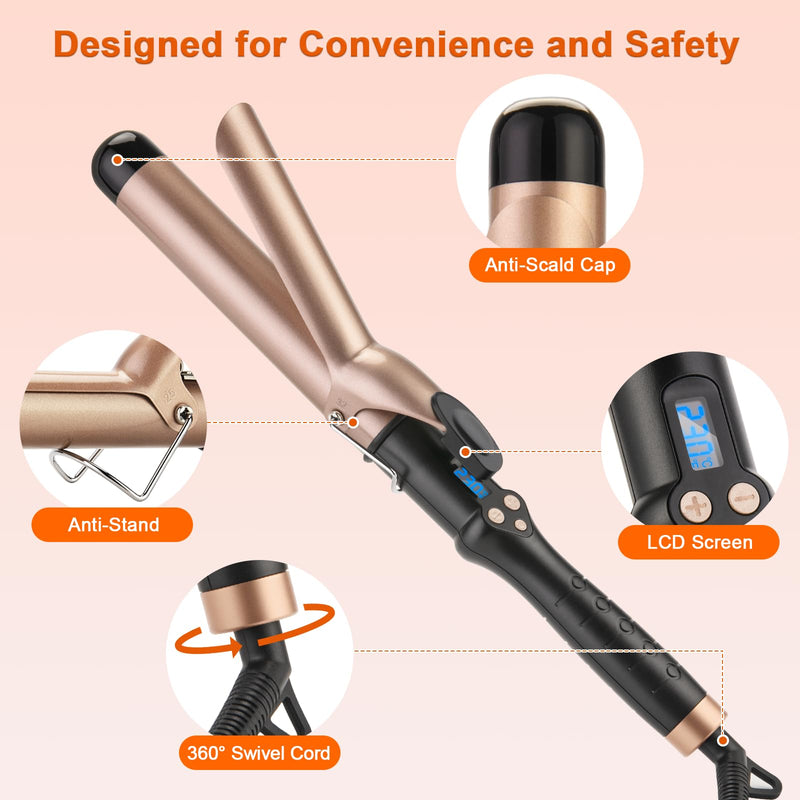 Curling Tongs 32mm for Medium and Long Hair Professional Tourmaline Ceramic Barrel Curler Iron with Clamp Dual Voltage Adjustable Temperature Long-Lasting Results Black