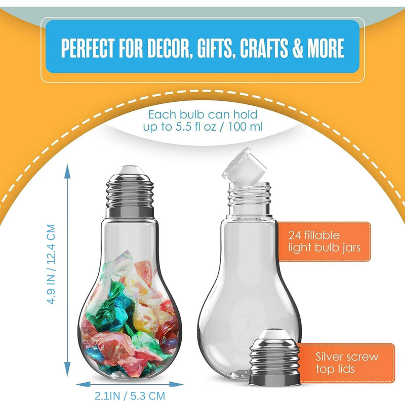 Houseables Plastic Light Bulbs, Fillable Light Bulbs, Fake Lightbulb, Plastic Lightbulbs for Crafts, Clear, Cups, Jars, Containers, Ornaments, Drink Glasses, Candy, Bottles, Party Favors, 100ML, 24PK Silver 100 ml
