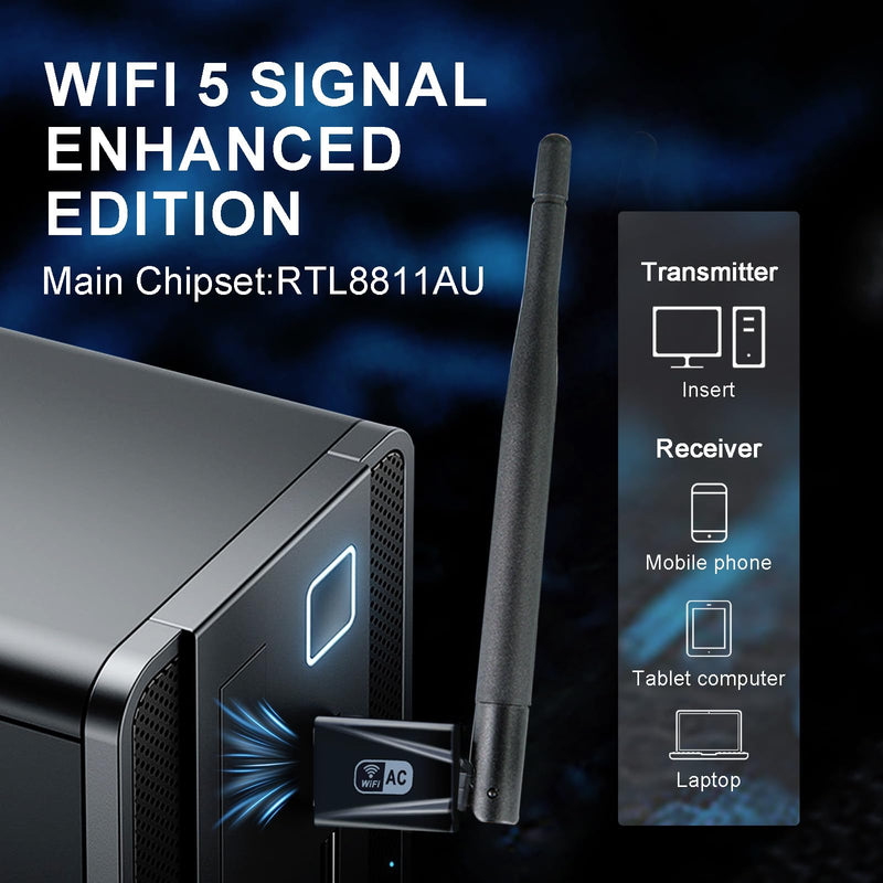 JAPOO RTL8811AU WiFi Wireless USB WiFi Adapter for Desktop PC and Laptop,600Mbps High Gain Dual Band 3.5dBi Antenna 5.8G/2.4G WiFi Adapter,Supports Win7/8/8.1/10/Linux (with Antenna) W58L-600M