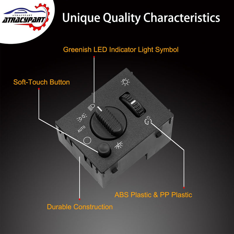 Headlight Switch Headlamp Dimmer Switch with Green LED Backlight | Fits 2003-2007 Chevy Silverado 1500 2500 3500 Suburban Tahoe Avalanche GMC Sierra Yukon Cadillac Escalade | Replaces#15194803 D1595G Headlight Switch