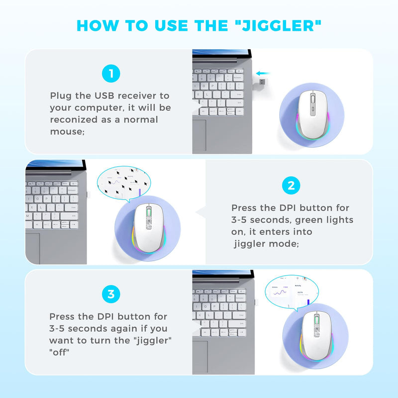 PEIOUS Wireless Mouse Jiggler - LED Wireless Mice with Build-in Mouse Mover, Rechargeable Moving Mouse for Laptop with Undetectable Random Movement Keeps Computers Awake - White & Grey