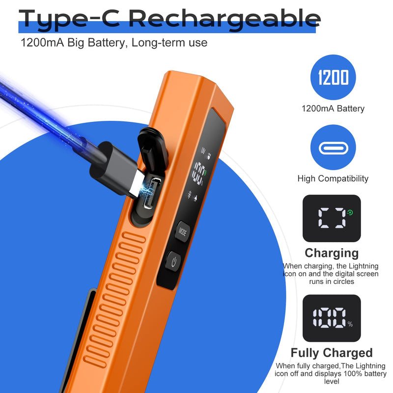 EDC Flashlight 4 in 1 Pocket Magnetic Slim Flat Flashlight High Lumens Work Light with Green Beam & UV Light & Warning Light Combo EDC Rechargeable LT-010 (Orange) Orange