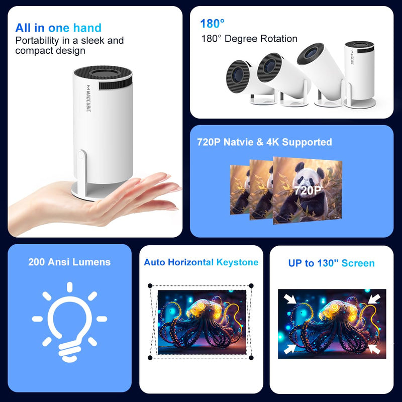 Magcubic HY300PRO Mini Projector with WiFi and Bluetooth, 4K Support Smart Portable Projector Auto Keystone, Air Mouse Remote, Voice Control, 180° Rotation, Home Video Proyector Android 11 Electric Focus WE