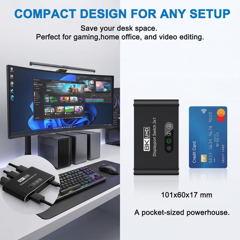 DisplayPort Switch 3 in 1 Out 8K@60Hz, DP Switcher Connects 3 PCs to 1 Monitor, DisplayPort 1.4 Selector 3x1, Manual Button Switcher for Desktop/GPU/Laptop – Direct Connection Only (No Dock/KVM)