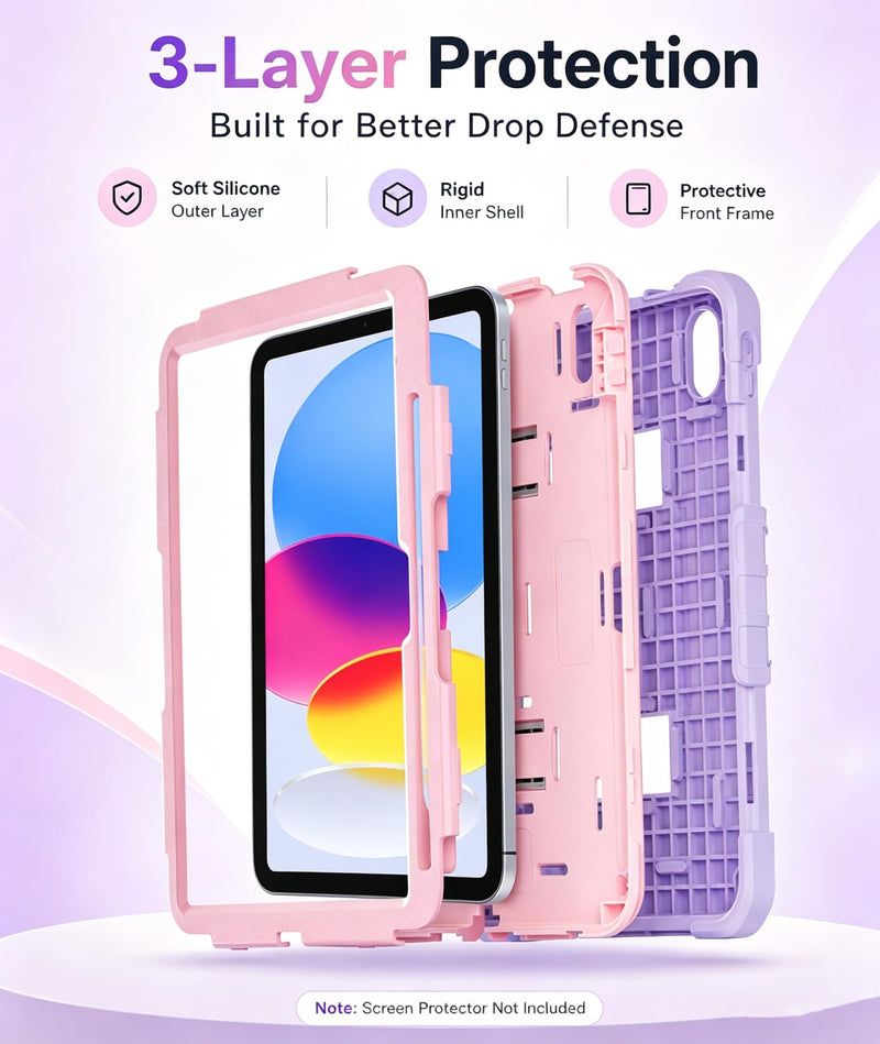 Compatible with iPad (A16) 11th Generation Case 11 Inch 2025, for iPad 10th Generation 10.9 Inch 2022, Silicone Fully-Body Rugged Heavy Duty Shockproof Protective Case with Pencil Holder (Pink/Purple) Pink/Purple